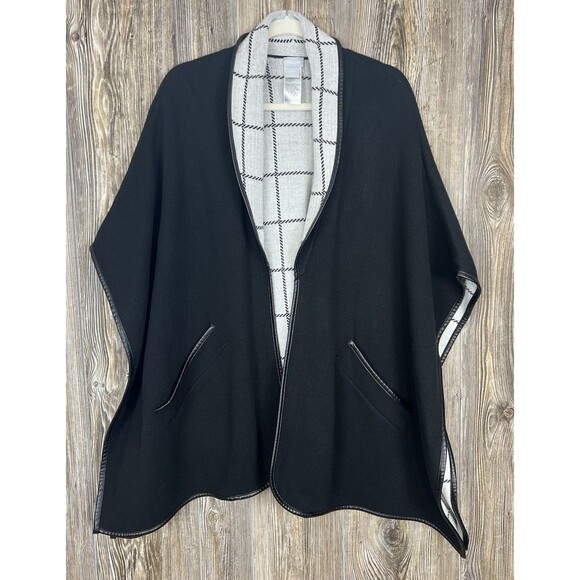 Chico's Cape Poncho Cardigan Sweater Black/Plaid Cozy Career Office Chic L/XL - Picture 1 of 13